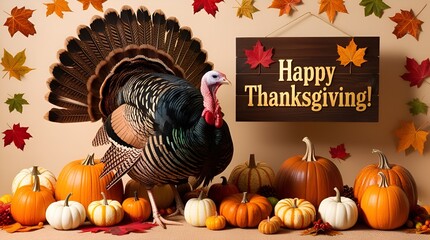 Holiday-themed illustration of a cute turkey with a “Happy Thanksgiving” message board, set among pumpkins and swirling fall leaves