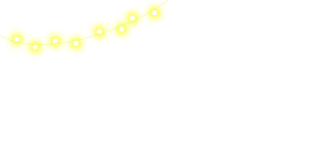 A festive string of glowing yellow lights hanging in a gentle arc on a plain white background.