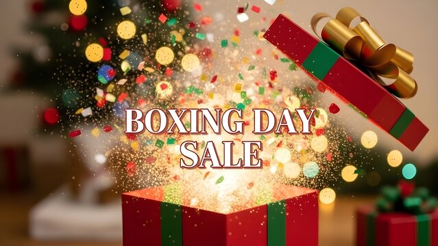 Boxing day sale promotion with open gift box and christmas tree background decoration