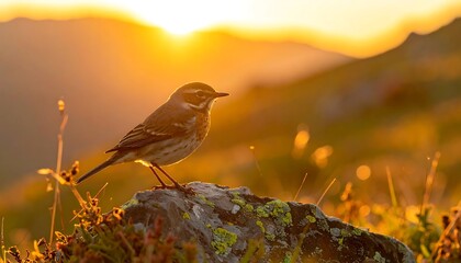 A small bird sits on a rock at sunrise, bathed in golden light, mountain range in the background, grasses around