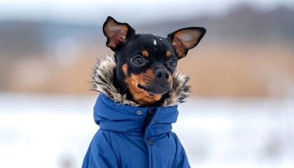 A small, black and tan dog wearing a blue jacket with a fur-trimmed hood against a blurred, snowy backdrop