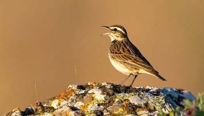 A small bird with brown plumage perched on a lichen-covered rock against a blurred, warm-toned background