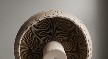 Fototapeta premium Close-up underside view of a large, textured mushroom cap with gills and stem, against a gray backdrop