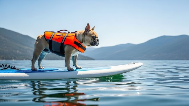 Adorable French Bulldog Wearing a Life Vest Rides a Paddleboard on a Calm Lake.