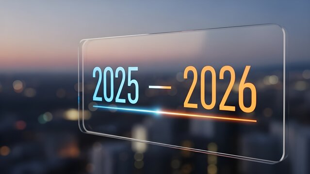 Futuristic 2025 to 2026 transition on transparent display with cityscape background
