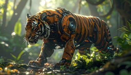A robot tiger strides through lush, green jungle; sun dappling leaves and the animal's metallic frame