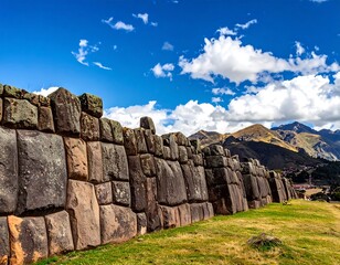 Magnificent Inca stonework at Sacsayhuam?n, Cusco, Peru, under a vibrant blue sky