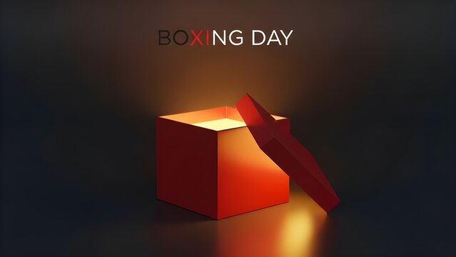 Boxing day gift box with lid open and light emanating from inside dark background