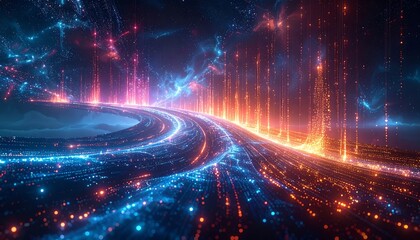 A vibrant digital landscape showing a glowing path with blue and orange light trails amid a starry sky background
