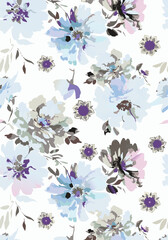 Seamless colorful floral pattern. Hand drawn flowers, herbs, leaves, branches, berries, tulip. Simple cute flat vector elements. Design for textile, cover, wallpaper