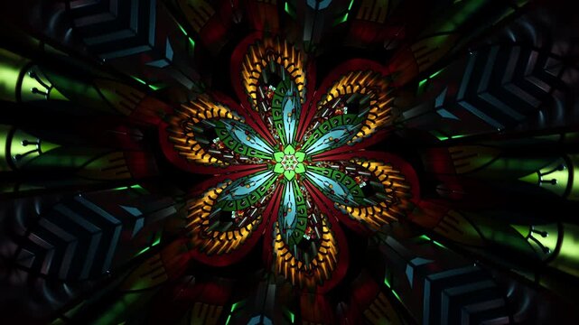 Colorful ornamental mandala with layered floral geometry, glowing symmetrical kaleidoscope structure, elegant decorative 3D render blending natural forms and futuristic detail in a radiant abstract