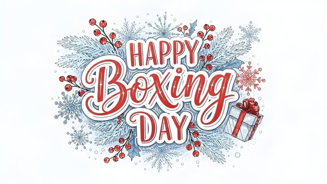 Festive happy boxing day typography with winter foliage and berries decoration on white