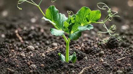 A small green plant grows out of the ground in slow motion lapse footage showcasing the passage of time as it gradually unfolds capturing the concept of growth renewal and the power of nature to.