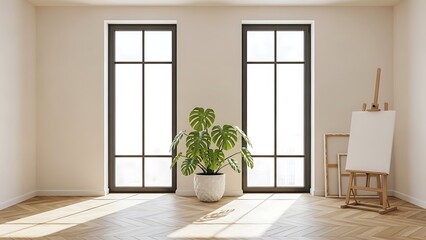 Empty room with two tall windows, monstera plant, and artist easel interior bright