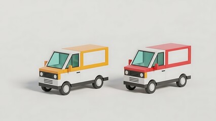 Isometric delivery trucks in red and yellow for logistics advertising, showing transportation solutions and modern business concepts on a white background