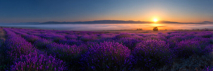 Panoramic landscape of vibrant purple lavender fields at misty sunrise or sunset with distant mountains and a warm glowing sun on the horizon.