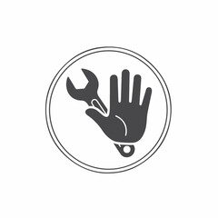 Hand holding wrench inside a circle, representing repair, service, and maintenance