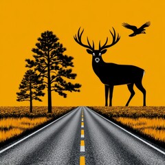 Fototapeta premium Deer and road landscape, stylized graphic, black, yellow, and grey, representing wilderness, travel, and animal habitat