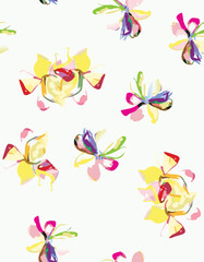 Seamless colorful floral pattern. Hand drawn flowers, herbs, leaves, branches, berries, tulip. Simple cute flat vector elements. Design for textile, cover, wallpaper