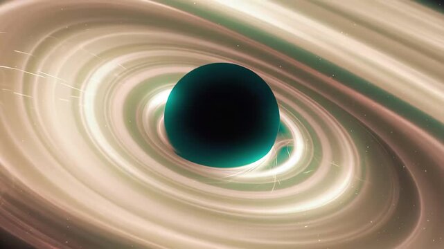 Black Hole with Teal Glow and Swirling Light Disk in Cosmic Space gravity singularity