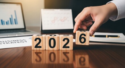 A person's hand places the number 6, forming the year 2026, symbolizing future planning in a professional environment, with business charts and a laptop in the background.