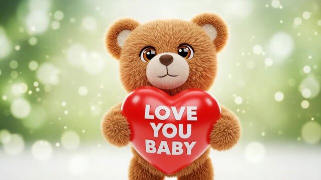 Adorable teddy bear holding a heart shaped pillow with love you baby message