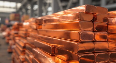 Copper ingots stacked in a factory, displaying metallic gleam under industrial lighting