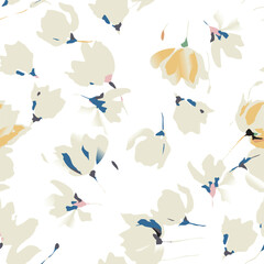 Seamless colorful floral pattern. Hand drawn flowers, herbs, leaves, branches, berries, tulip. Simple cute flat vector elements. Design for textile, cover, wallpaper