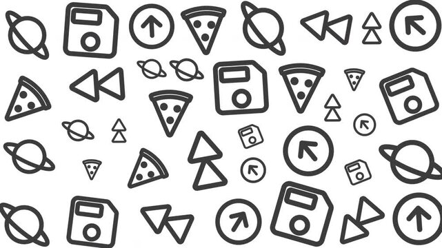 Seamless geometric pattern with space and arrow icons in black and white, graphic design, digital illustration, abstract background, top view