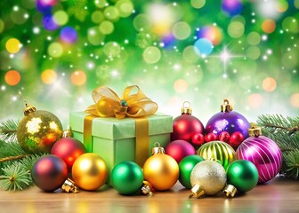 Colorful Christmas Ornaments and Gift Boxes Against a Green Festive Background on a Pure White Background and transparent background