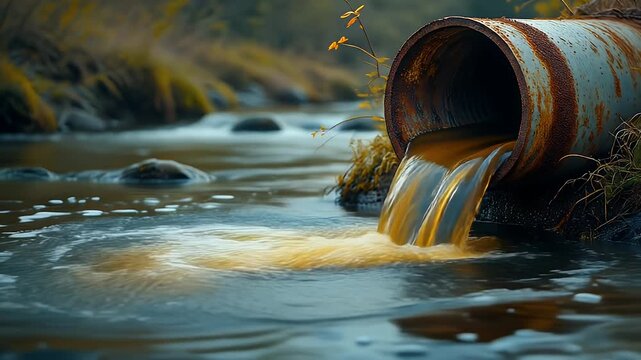 Polluted Water Flowing from Rusty Metal Pipe Into Clear Stream Ecological Concern