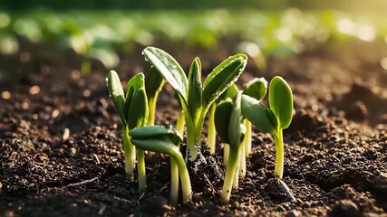 Small plant sprouts out of the ground in slow and steady progress, showcasing resilience and determination through timelapse footage, symbolizing lusju and representing perseverance, renewal.