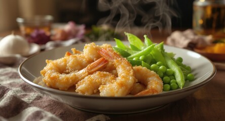 Crispy fried shrimp and peas on a plate, steam rising, warm tones, inviting