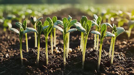Sprouting plants rise from earthy soil, showcasing resilience and renewal as rapid growth unfolds in a vast expanse of fertile field, symbolizing fresh beginnings and potential for growth.