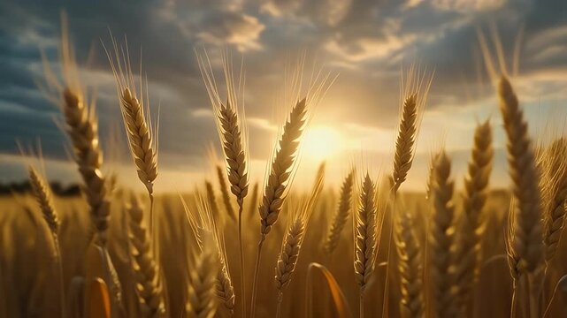 Golden Wheat Field at Sunset with Grains Backlit Under Cloudy Sky