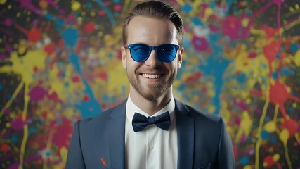 Man in Blue Suit and Glasses Smiling Against Splattered Paint Background - Powered by Adobe