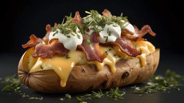 Loaded Baked Potato with Bacon Cheese Sour Cream and Chives on Dark Background