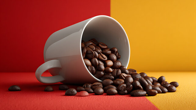 Dynamic still life of roasted coffee beans spilling from an overturned white ceramic mug on a vibrant red and yellow background.