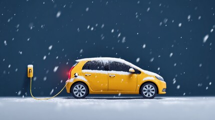 Bright Yellow Electric Car Charging in a Snowy Urban Environment During a Winter Storm