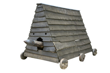 Medieval wooden battering ram with wheels isolated on white background