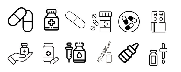 Icon Design, silhouette and line icon pack - Collection of medical icons representing pills capsules bottles syringes and other healthcare items isolated on transparent background