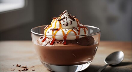Decadent chocolate dessert in a glass bowl, topped with whipped cream, caramel, and flakes