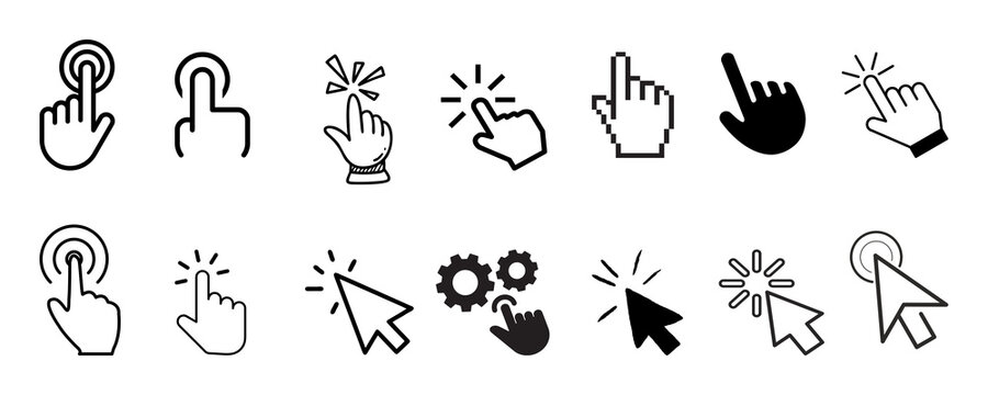 Icon Design, silhouette and line icon pack - Collection of hand cursor and pointer icons representing clicking and selection actions isolated on transparent background