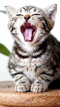 Sweet sleepy striped kitten perched on a rustic wooden stool, letting out a big yawn. Charming grey house cat displaying its tiny teeth as it stretches its jaws open