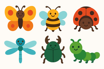 Obraz premium Cute cartoon insect collection: butterfly, bee, ladybug, dragonfly, beetle, caterpillar