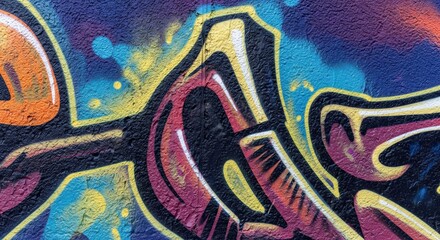 Colorful, abstract graffiti art on a textured wall, with bold shapes and bright hues