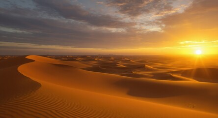 Desert dunes bask in golden sunlight at dawn, casting long shadows, and dramatic clouds