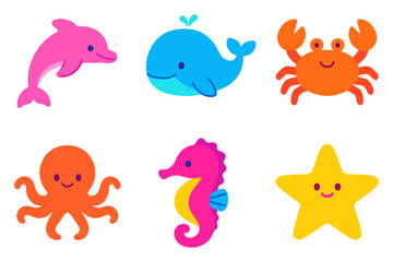 Fototapeta premium Cute marine animals collection with vibrant cartoon style sea creatures