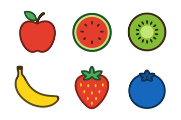 Colorful cartoon fruit icons set: apple, watermelon, kiwi, banana, strawberry, blueberry