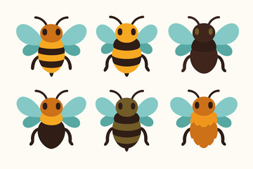 Fototapeta premium Colorful cartoon bees set with diverse patterns and styles